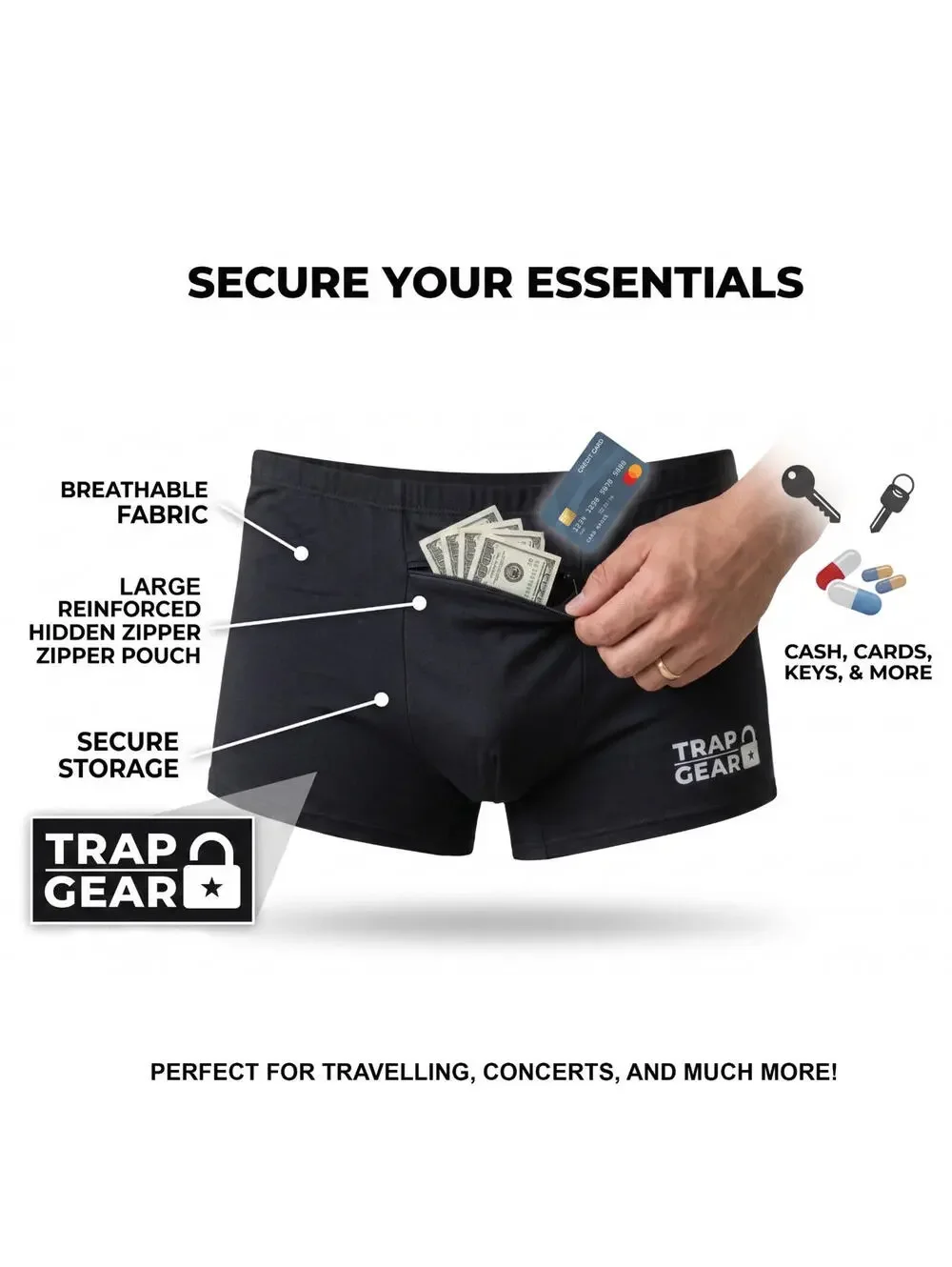 Trap Gear Men's Stash Underwear - Hidden Pocket Boxer Briefs for Travel Security